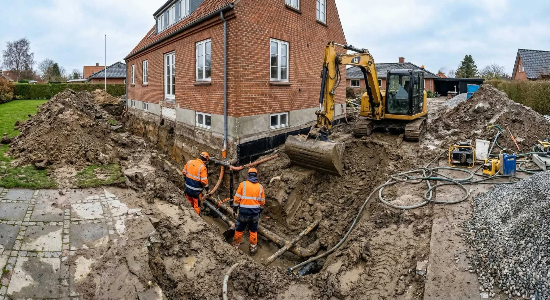 Omfangsdræn med udgravning langs husets fundament – udvendigt alternativ til Vandex